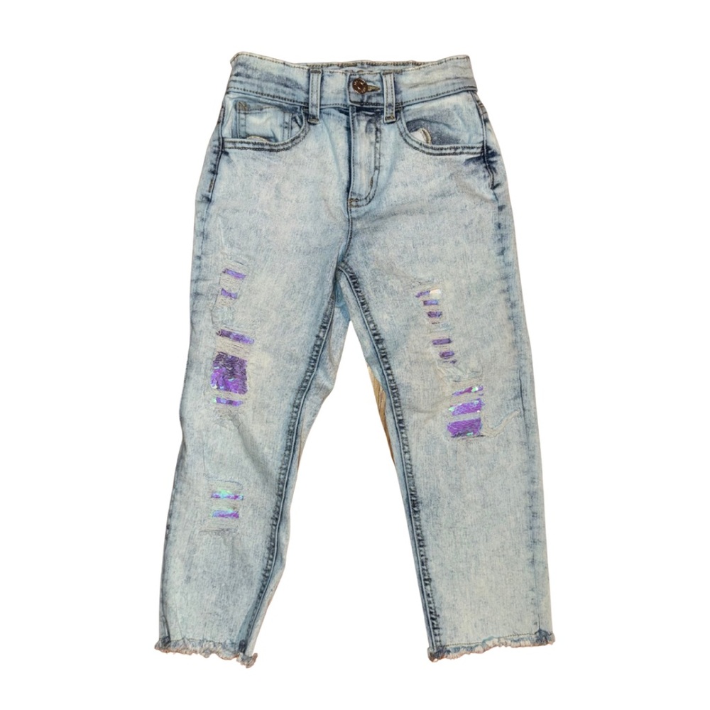 Justice Light Blue Cropped Jeans with Purple Sequin Accents